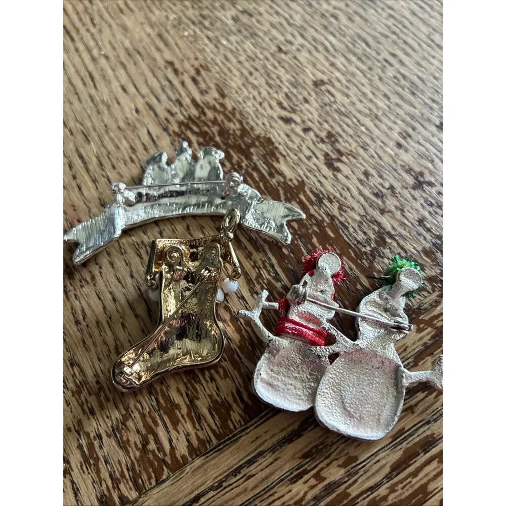 Lot of 3 Christmas House Snowman Stocking Penguins Vintage Gold Pin Brooch